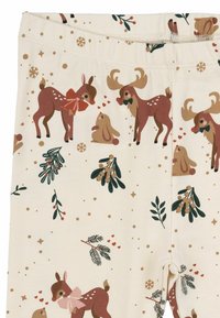Lichtcrème leggings met een speels patroon van rendieren, konijnen en loof in bruin-, groen- en roestvijver. Zachte katoen stof.