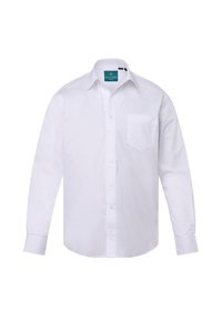 Camicia bianca a maniche lunghe in cotone, con colletto classico, chiusura a bottoni e taschino sul lato sinistro del petto. Texture morbida e vestibilità su misura.