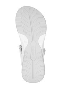 Semelle de sandale en caoutchouc blanc avec un motif de semelle texturé. Comprend un logo central et un indicateur de taille, avec un rembourrage le long des bords.