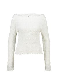 White long-sleeve top with a smocked texture, off-the-shoulder neckline, and scalloped hems. Made from a stretchy, lightweight fabric.