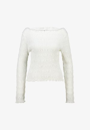 Witte top met lange mouwen, voorzien van een plooitextuur, off-the-shoulder halslijn en gegolfde zoom. Gemaakt van een rekbare, lichte stof.