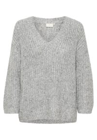 Pulover cu decolteu în V, cu mâneci lungi, de culoare gri deschis, având un model texturat și manșete și tiv ribbate. Material moale, cu o croială lejeră.