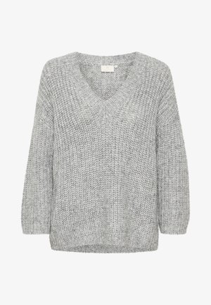 Pull à col en V, à manches longues, de couleur gris clair, avec un motif en tricot texturé et des poignets et un ourlet côtelés. Matière douce avec une coupe ample.