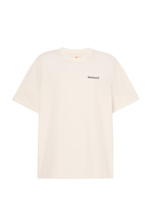 Koszulka w kolorze ecru z krótkim rękawem i okrągłym dekoltem, z małym logo Timberland na lewej piersi.