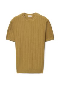 Senfgelber kurzärmeliger Rippstrickpullover mit rundem Ausschnitt, weicher Textur und geradem Saum. Keine sichtbaren Logos oder Muster.