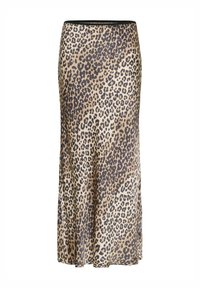 Leopardenmuster-Rock, seidiger Stoff, midi-länge, ausgestelltes Design. Farben sind Beige, Schwarz und braune Flecken auf einem hellen Untergrund. Schwarzer Bund.