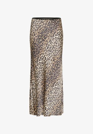 Krilo s leopardjim vzorcem, svilen material, srednje dolžine, razširjeno oblikovanje. Barve vključujejo svetlo rjavo, črne in rjave pike na svetli podlagi. Črn pas.