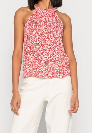 Blusa senza maniche a righe rosse e bianche con scollatura arricciata, caratterizzata da una vestibilità comoda e un tessuto leggero.