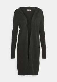 Tmavě šedý kardigan s kapucí, dlouhými rukávy, otevřeným předním dílem a dvěma předními kapsami; vyrobený z měkké, texturované pleteniny.