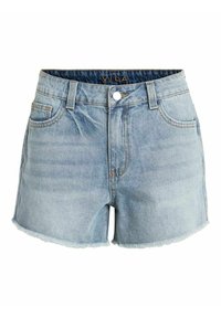 Jasnoniebieskie szorty dżinsowe z wysokim stanem, postrzępionymi brzegami, pięcioma kieszeniami i metalowym zapięciem. Logo widoczne na pasku.