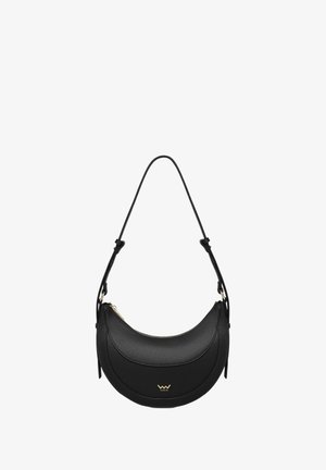 Black leather crescent-shaped handbag with a single strap, featuring a gold zipper and embossed logo on the front. Smooth texture, minimal design.