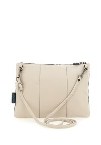 Borsa a tracolla in pelle beige con una texture liscia, chiusura con zip e tracolla regolabile. Presenta dettagli di cuciture verticali sulla parte anteriore.