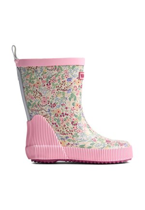 Cizme de ploaie pentru copii până la jumătatea gambei, cu talpă și margine roz, acoperite cu un model floral multicolor și o buclă gri în spate.