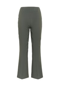 Usnjene hlace v temno olivno zeleni barvi, ki imajo gladko teksturo, pas in diskretne detajle na hrbtni šiv. Žepov ni vidnih.