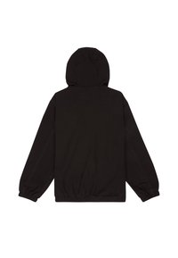 Veste noire à capuche avec poignets et ourlet élastiques. Présente un design simple et une texture lisse, fabriquée en tissu durable.