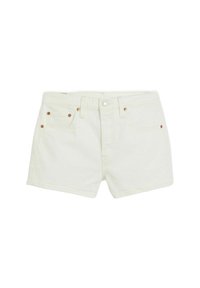 Shorts in denim verde chiaro con un classico design a cinque tasche, accessori in rame e una linea dritta. Texture liscia, leggermente colpita.