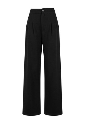 Musta leveälahkeinen housut, joissa on etupleatit, nappisulku ja sileä pinta. Suunnittelussa on korkea vyötärö ja täyspitkä lahje.