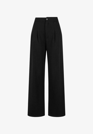 Zwarte wijde broek met voorplooien, een knoopsluiting en een gladde textuur. Het ontwerp heeft een hoge taille en lange pijpen.