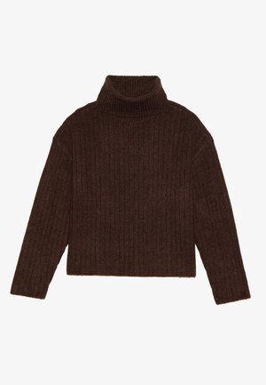 Pull en maille côtelée marron à col roulé, avec des manches longues et une silhouette courte, présentant un design de tricot épais et texturé.