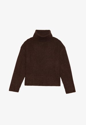 Suéter castanho de gola alta canelada com mangas longas e um silhueta cropped, apresentando um design de malha espessa e texturizada.