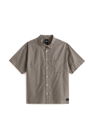 Camicia a maniche corte con bottoni in un motivo a quadri marrone e beige, dotata di colletto a punta, taschino sul petto e etichetta in tessuto sull'orlo.