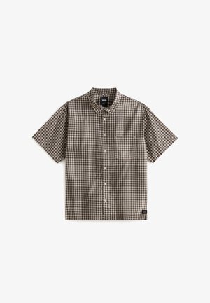 Krátký rukáv, košilový top v hnědé a béžové kostkované vzoru, se špičatým límečkem, jednou náprsní kapsou a textilním štítkem na lemu.