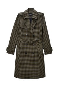 Manteau trench croisé en tissu à carreaux vert foncé et beige, doté d'une ceinture, d'un large col et de poignets ajustables. Design urbain texturé.
