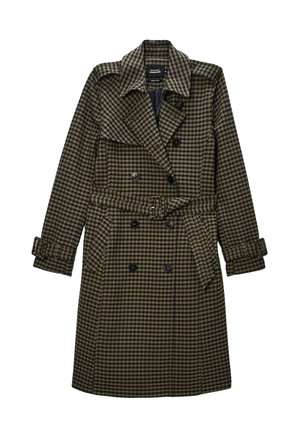 Manteau trench croisé en tissu à carreaux vert foncé et beige, doté d'une ceinture, d'un large col et de poignets ajustables. Design urbain texturé.