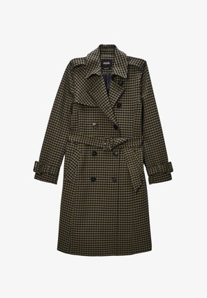 Manteau trench croisé en tissu à carreaux vert foncé et beige, doté d'une ceinture, d'un large col et de poignets ajustables. Design urbain texturé.
