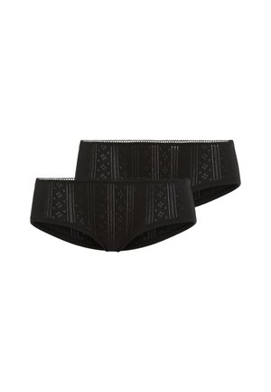 Zwei schwarze Hipster-Panties für Frauen mit dezenten vertikalen Streifen und diamantförmigen Perforationsmustern, Vorderansicht vor weißem Hintergrund.