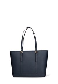 Marineblauwe draagtas gemaakt van textuursynthetisch materiaal, met dubbele handvatten, een gestructureerde vorm en goudkleurige accenten.