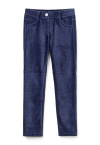 Pantaloni in velluto a coste blu navy con tasche anteriori, passanti per cintura e chiusura a un bottone, mostrati piatti su uno sfondo bianco.