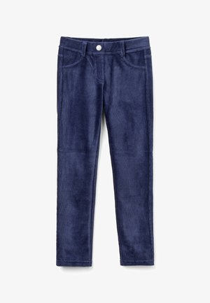 Pantalons en velours côtelé bleu marine avec poches avant, passants de ceinture et fermeture à un seul bouton, présentés à plat sur fond blanc.