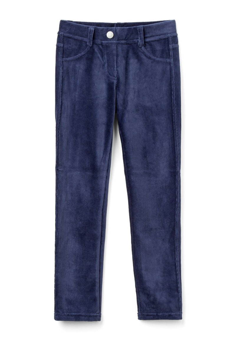 Pantaloni in velluto a coste blu navy con tasche anteriori, passanti per cintura e chiusura a un bottone, mostrati piatti su uno sfondo bianco.