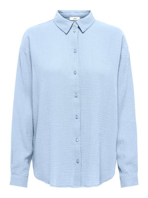 Light blue long-sleeve button-up shirt with a textured fabric and pointed collar.