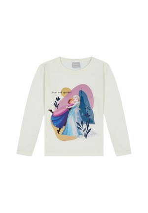 Langärmliges cremefarbenes Shirt mit einem bunten Grafikdesign von zwei Figuren, die sich umarmen, umgeben von abstrakten Formen und floralen Akzenten.