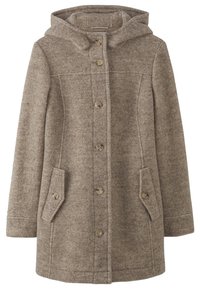 Cappotto di lana marrone con cappuccio, presenta cinque bottoni, due tasche laterali e una texture liscia. Design classico con cuciture sartoriali.
