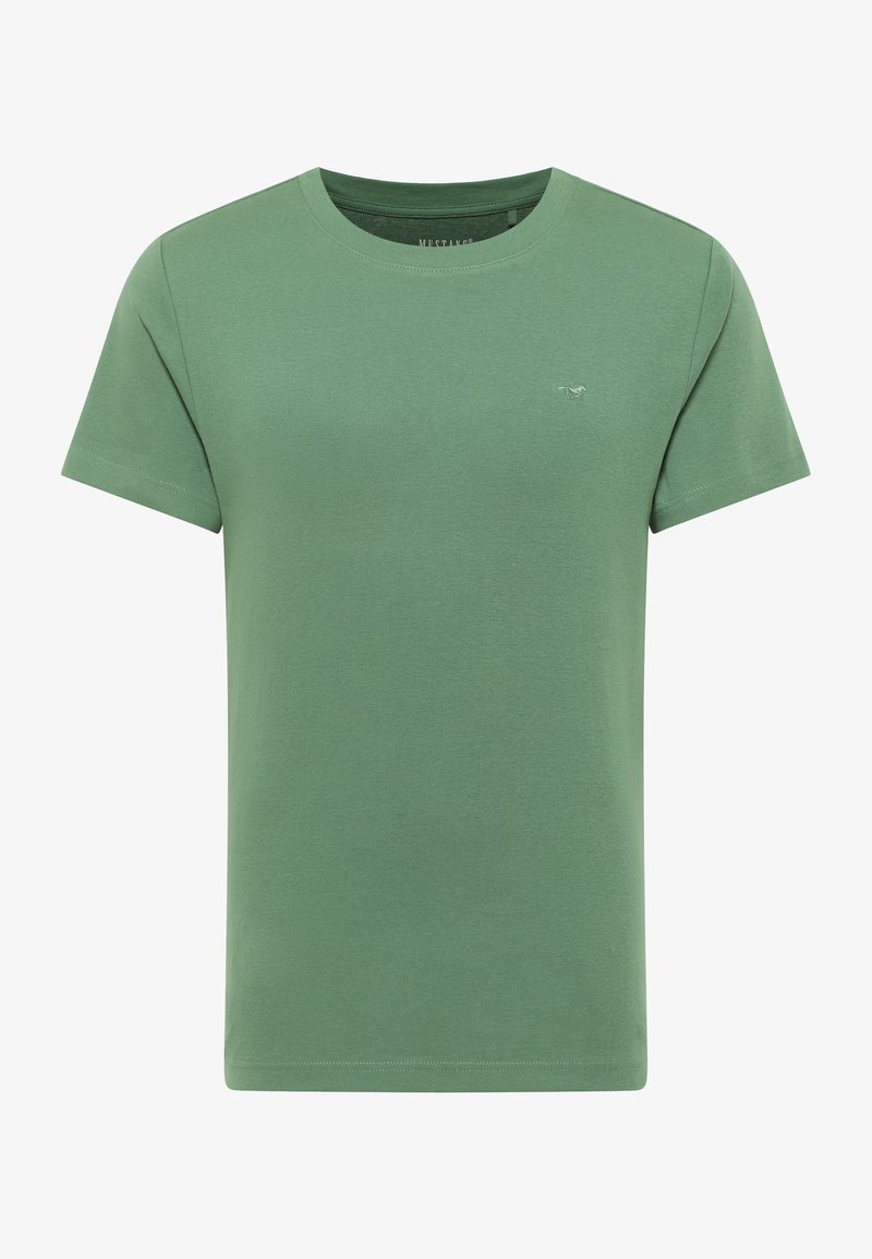 Tricou din bumbac verde cu guler rotund, mâneci scurte și un mic logo brodat pe partea stângă. Textură fină, croi lejer.