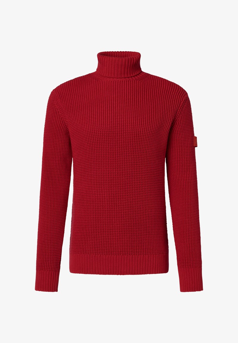 Rot gestrickter Rollkragensweater mit geripptem Muster, langen Ärmeln und einer schmalen Silhouette. Verfügt über ein dezentes Etikett am linken Ärmel.