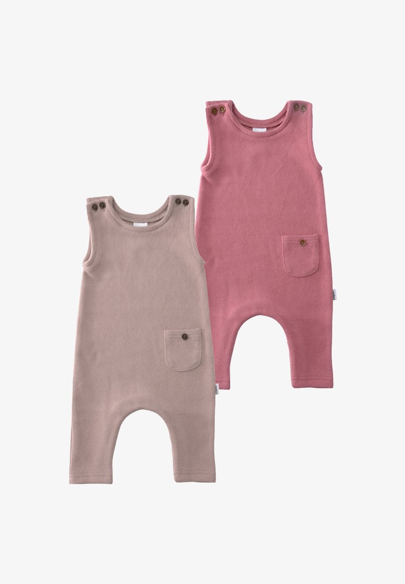 Two baby rompers in soft fabric; one beige with a pocket and buttons, the other pink with a pocket. Sleeveless, with a relaxed fit.