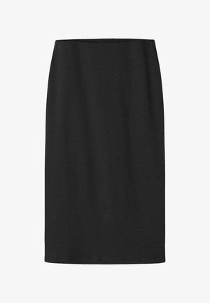 Jupe crayon noire côtelée, coupe droite, longueur genou, avec taille élastique, présentée sur fond blanc.