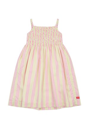 Gele jurk met roze strepen, geplooide lijfje en verstelbare spaghettibandjes. Zachte katoenen stof, knielengte met een licht uitlopende rok.