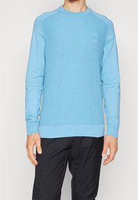 Helles blauer Strickpullover mit rundem Ausschnitt, gerippter Textur und Logodetail auf der Brust. Lange Ärmel und schmal geschnittenem Saum.