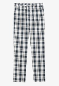 Pantaloni da pigiama in cotone a quadri con vita regolabile. I colori includono bianco, nero e blu con un motivo a scacchi uniforme.