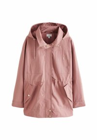 Rosa Regenjacke mit Kapuze, Kordelzug, zwei Fronttaschen, Druckknöpfen und glatter Stoffstruktur. Akzentuiert mit silberfarbener Hardware.