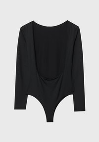Schwarzer Langarm-Body mit tiefem Rückenausschnitt, aus einem glatten Stretchmaterial gefertigt. Verfügt über ein figurbetontes Design und einen Tanga-Schnitt.