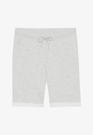 Šedé bavlnené šortky s nastaviteľným pásom na šnúrku, dvoma bočnými vreckami a prehnutými lemami. Materiál má hladkú textúru a jemný heatherový vzor.