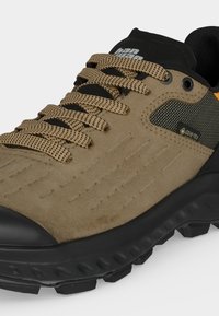 Treková bota v barvě tan a černé s vzorovanými tkaničkami, štítkem Gore-Tex, robustní podrážkou a polstrovaným černým límcem pro podporu kotníku.