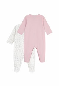 Två långärmade babybody, en rosa med vita ränder och en vit med flerfärgade små blommönster, tillverkade av mjuk bomull.