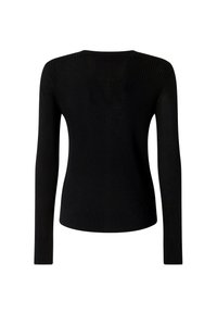 Maglione nero a maniche lunghe in maglia a costine con scollatura rotonda e silhouette aderente, caratterizzato da una texture liscia e dettagli minimi.